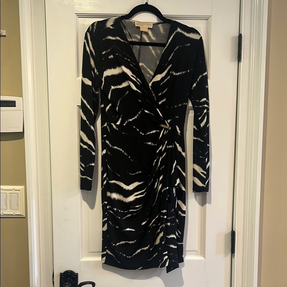 Michael Kors Black and White Ruched Wrap Dress